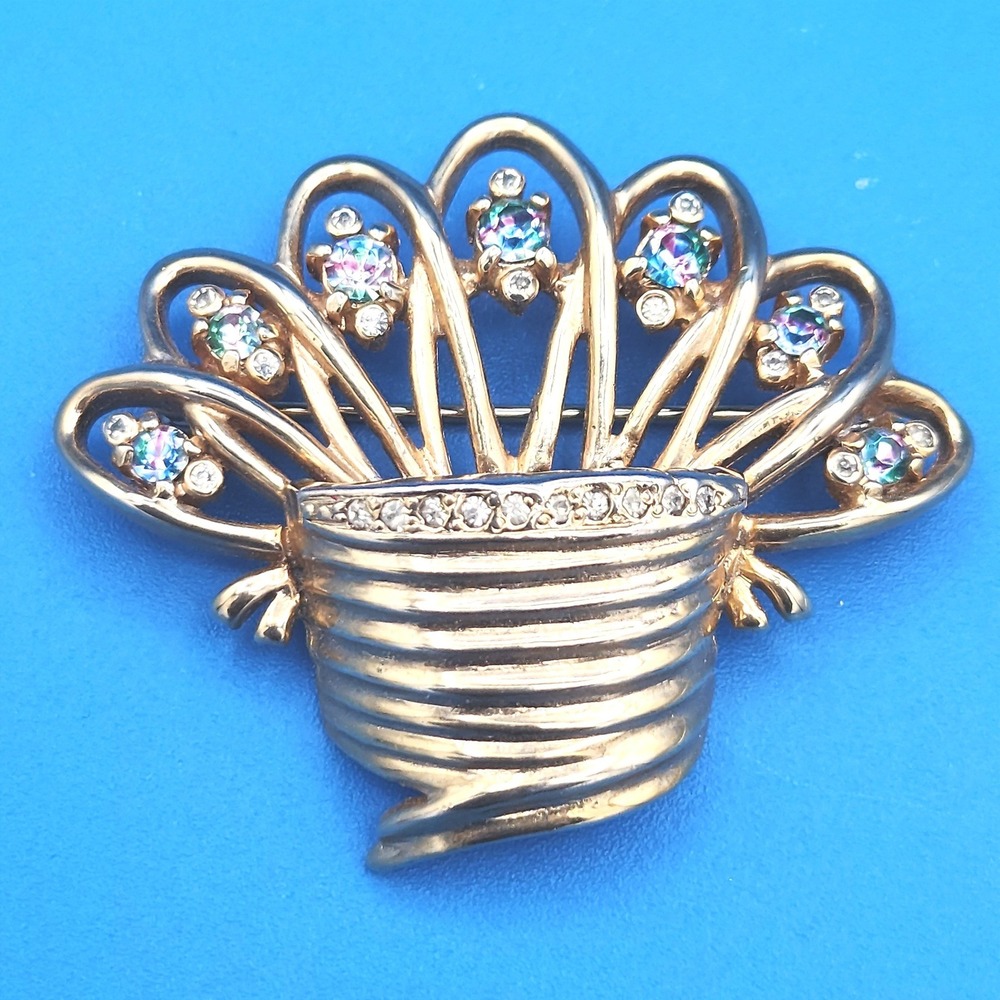 Vintage Gold Tone Flower Basket Brooch Aurora Borealis Rhinestone Crystal Pin